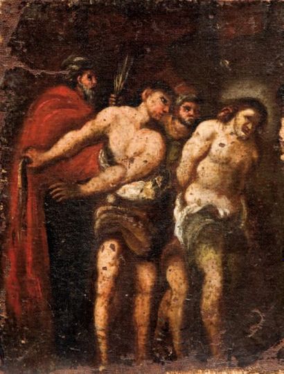 Ecole italienne du XVIIe siècle La Flagellation du Christ Toile. Manques. Sans cadre....