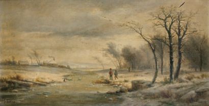 G. LECOP (actif au XIXe siècle) Paysage de neige aux promeneurs Sur sa toile d'origine....
