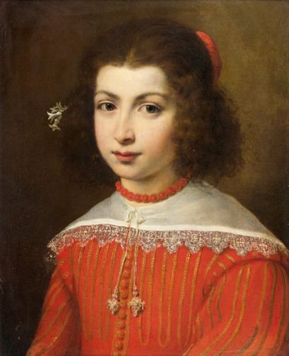 École FLAMANDE vers 1640 Portrait de fillette au collier rouge Toile. 51 x 40 cm