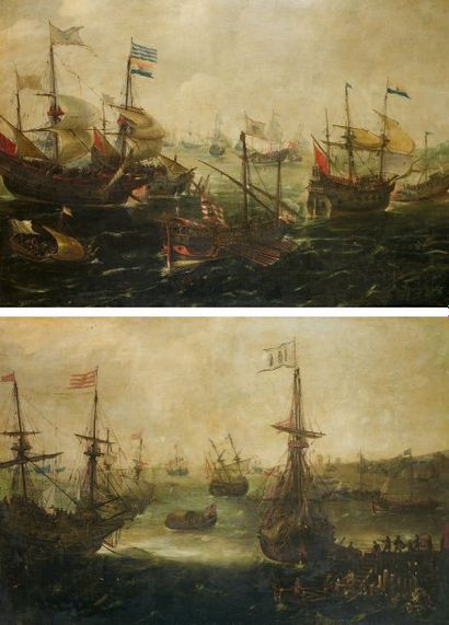 Andries van EERTVELT (Anvers 1590-1652) Batailles navales Paire de toiles. Usures....