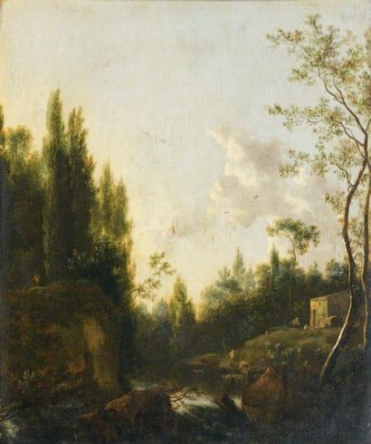 Isaac MOUCHERON (1667-1744) attribué à Paysage aux grands arbres Panneau. 31,5 x...