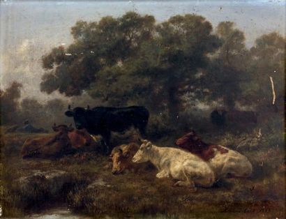 Xavier De COCK (1818-1896) Les vaches dans le pré Huile sur panneau. Signé en bas...