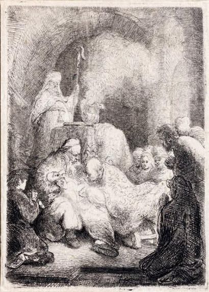 Rembrandt La Circoncision, petite planche, vers 1630. Eau-forte, 9 x 6,4 cm, filet...