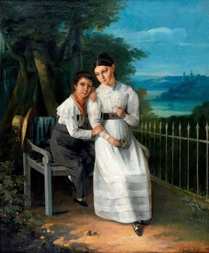 Johann Heinrich RICHTER (1803-1845) Jeune fille et son frère en bordure de parc Huile...