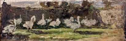 Félix BUHOT Les oies, vers 1880-1882 Huile sur carton marouflée sur toile, 16 x 43...
