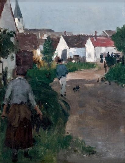NORBERT GOENEUTTE Entrée du village d'Epagny, 1877 Huile sur toile, 24,7 x 19,5 cm,...