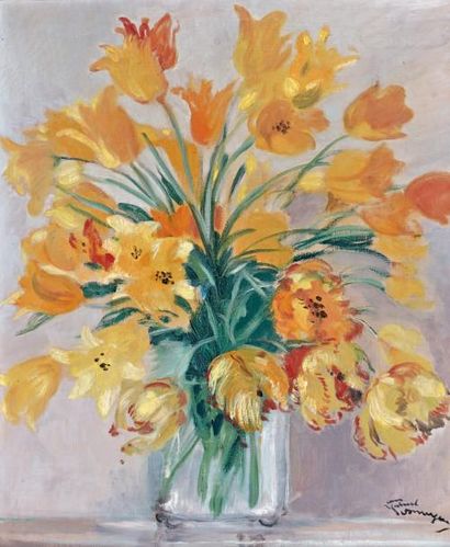 Jean-Gabriel DOMERGUE (1889-1962) Vase de tulipes jaunes Huile sur toile. Signé en...