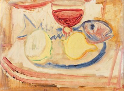 Pierre TAL-COAT (1905-1985) Nature morte au poisson et citrons Huile sur panneau,...