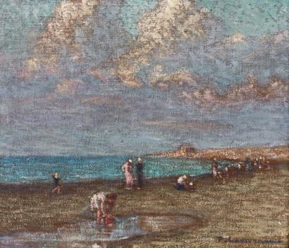 Pierre LADUREAU (1882-1975) Plage à marée basse animée Huile sur toile, signée en...