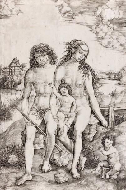 Cristofano ROBETTA Adam et Eve et leurs deux enfants, grande planche Burin, 25,4...