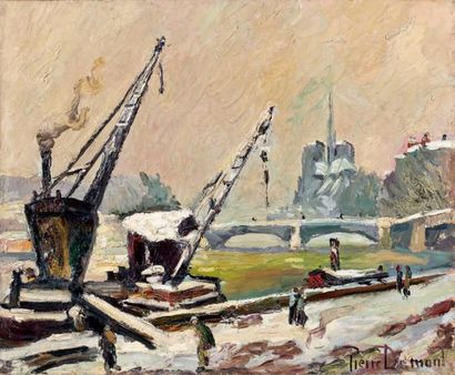 Pierre DUMONT (1884-1936) Péniches sous la neige, Paris Huile sur toile, signée en...