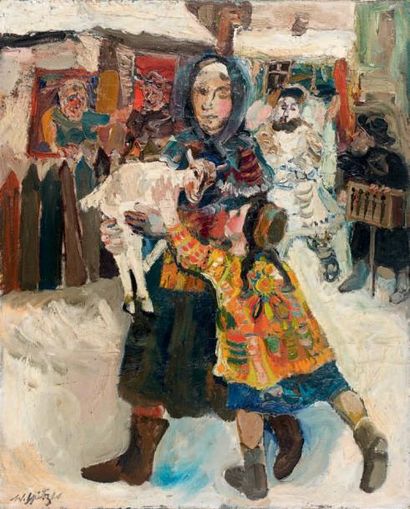 WALTER SPITZER (1927) Mère et enfant tenant un agneau Huile sur toile. Signée en...