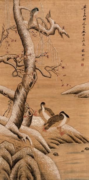 CHINE - XXe siècle Peinture à l'encre et couleur sur papier, représentant un couple...