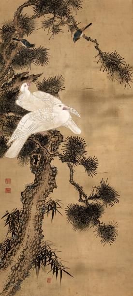 CHINE - XXe siècle Peinture à l'encre et couleur sur soie, représentant deux colombes...