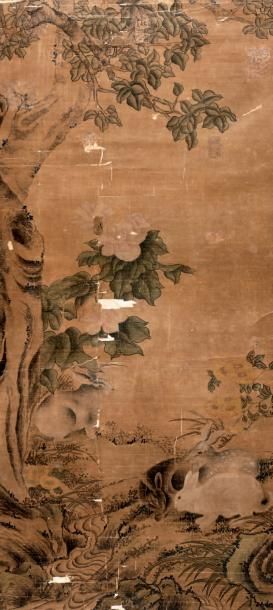 CHINE - XIXe siècle Peinture à l'encre et couleur sur papier, représentant des lapins...