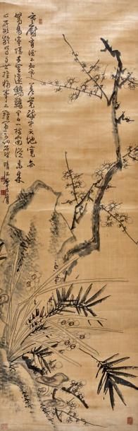 CHINE - fin du XIXe siècle Peinture en hauteur, à l'encre et couleurs sur soie, représentant...