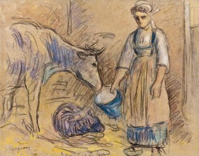 Émile-Alfred Dezaunay (1854-1938) Bretonne nourrissant sa vache, Le Faouët Pierre...