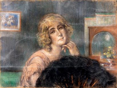 Richard RANFT (1862-1931) Élégante à l'éventail Pastel sur papier contrecollé sur...