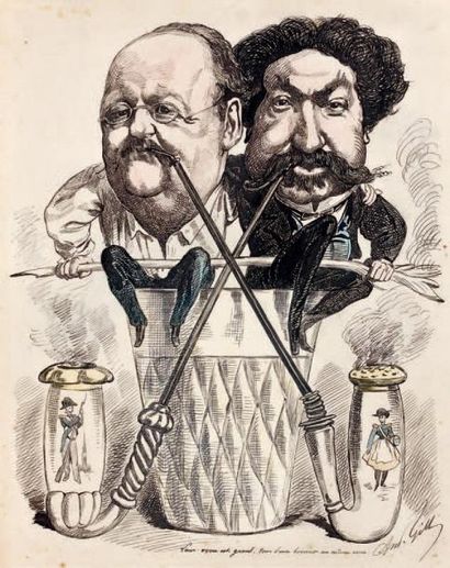 André GILL (1840-1885) Portrait charge d'Émile Erckmann et d'Alexandre Chatrian,...