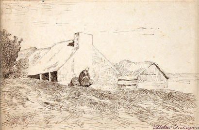 Stanislas Victor LEPINE (1835-1892) Les Chaumières Plume et encre brune, 14,5 x 21,5...