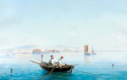 LA PIRA (Actif vers 1900) Pêcheurs dans une barque au large de Naples Gouache. Située...