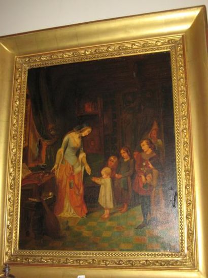Ecole du XIXème siècle Femme et enfant dans un intérieur Huile sur toile