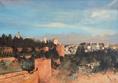 J. THOMAS (XXe siècle) Grenade: l'Alhambra et l'Albaicin, vus depuis les jardins...