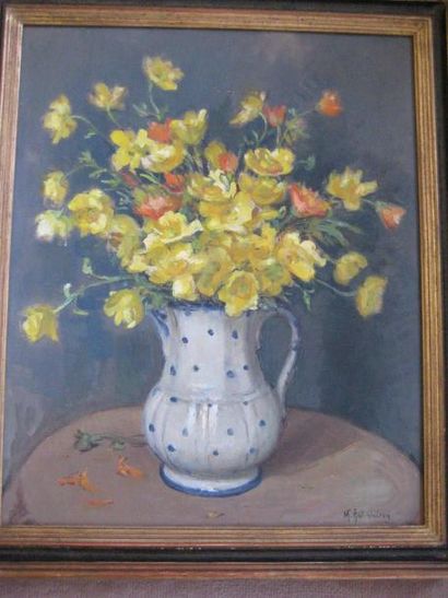 null Lot de 5 pièces encadrées: - QUEROY, vase de fleurs jaune, huile sur toile,...