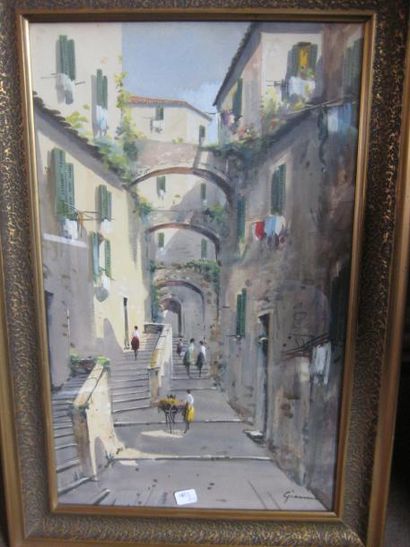 Gian GIANNI (1837-?) Ruelle animée en Italie Gouache Signée en bas à droite 48 x...