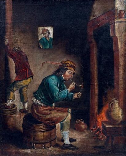 D'après David TENIERS (1610-1690) Fumeur devant la cheminée Huile sur toile. 58,5...