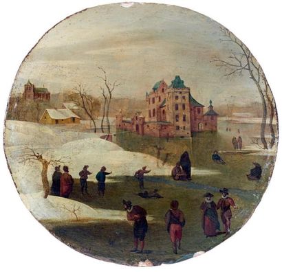 Abel GRIMMER (Anvers, ca. 1570 - avant 1619) Patineurs sur un lac gelé près d'un...