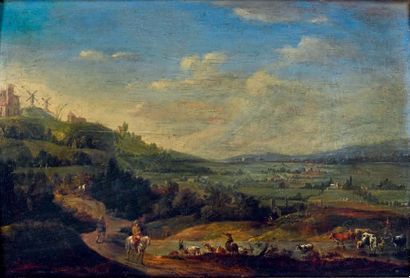 ÉCOLE FLAMANDE, 1797 Paysage avec un cavalier et un berger et son troupeau Panneau...