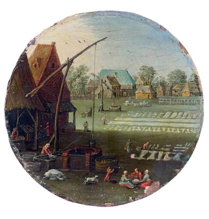 Martin RYCKAERT (Anvers, 1587-1631) Le blanchiment du linge Panneau circulaire. (Manques)....