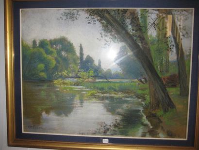 Alexandre Mathurin PECHE (1872-1940) Bras de la Seine à Vetheuil pastel. 49 x 64...