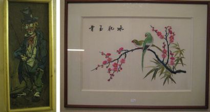 null Lot de deux tableaux: - un sous verre broderie asiatique "oiseaux perchés" -...