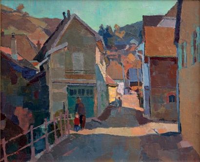 Auguste BOEHRINGER (1913-1974) Rue en Alsace Huile sur toile signée en haut à droite....