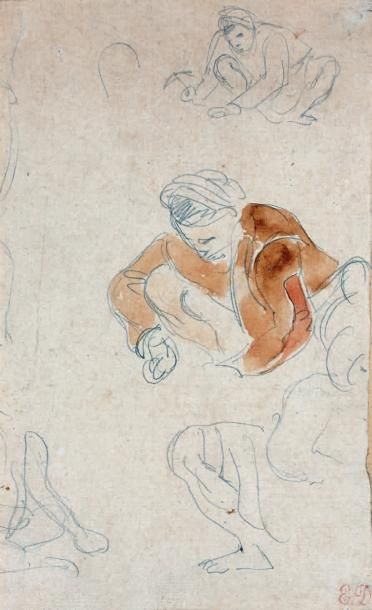 Eugène DELACROIX (1798-1863) Trois études de personnages accroupis Crayon et aquarelle,...