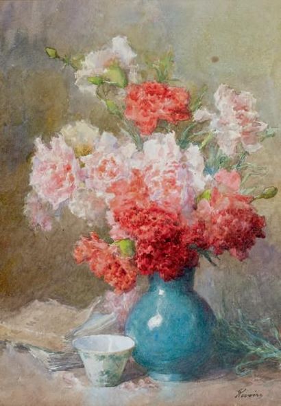 François RIVOIRE (1842-1919) Vase de roses et d'oeillets Aquarelle signée en bas...