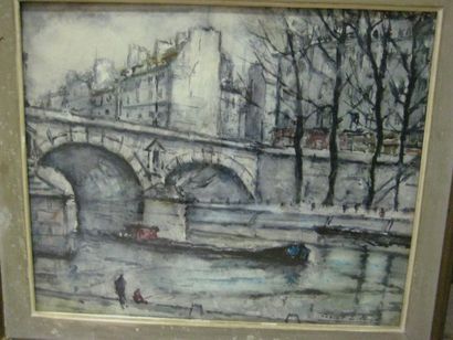 Robert LE BERGER Vue de Paris Aquarelle Signé en bas à droite 36 x 44 cm