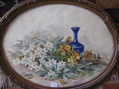 Léa CHAPON Fleurs, pastel - ACROIX, Fleurs aux vases bleu, aquarelle, signé en bas...