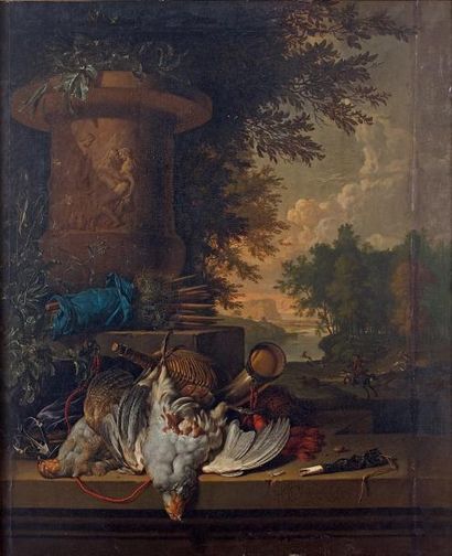 Dirck VALKENBURG (Amsterdam, 1675-1721) Trophée de chasse devant un paysage Toile,...