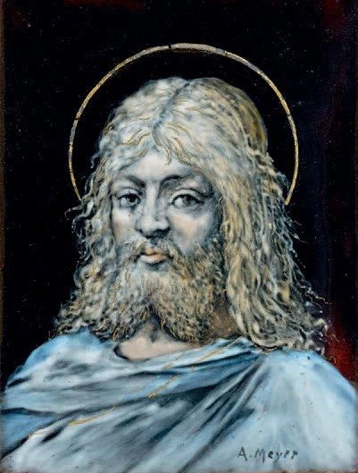 Alfred MEYER (1827-1904) Christ en buste Email peint sur cuivre en grisaille colorée,...