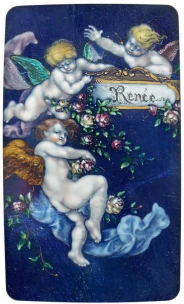 null Plaque de Baptême de "Renée" avec des Amours et des roses Email polychrome à...