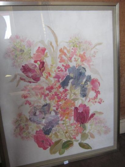 Simone CACHIN Bouquet de fleurs Peinture sur soie 70 x 55 cm