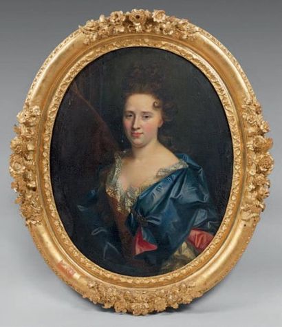 Suiveur de Hyacinthe RIGAUD (1659-1743) Portrait de femme au manteau bleu et au col...
