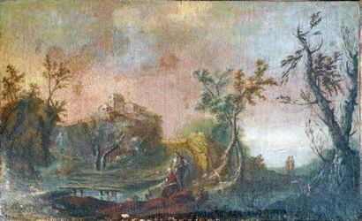 École FRANÇAISE de la n du XVIIIe siècle Paysage pastoral Toile. 43 x 70 cm RM