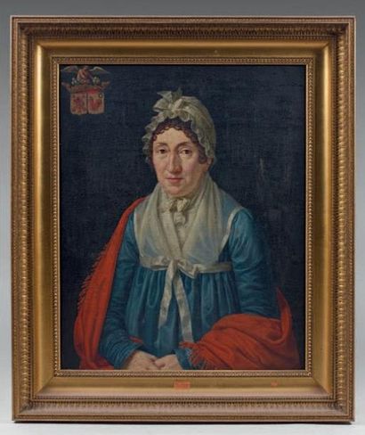 École Française du XIXe siècle Portrait de dame à la coiffe de dentelle et à la robe...