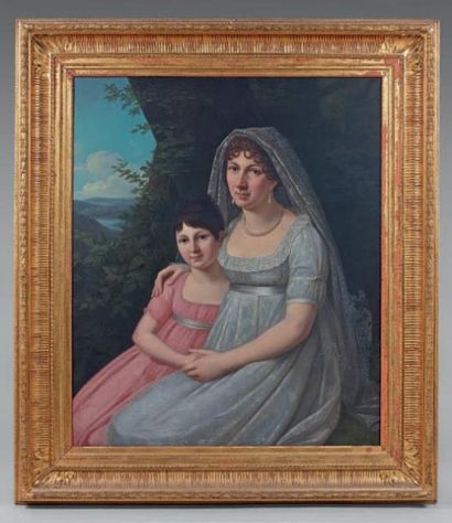 Ecole Allemande vers 1840 Portrait de femme à la robe blanche tenant une petite lle...