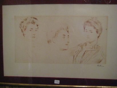 Paul HELLEU Etude de portrait de femme Pointe sèche Signé en bas à droite 20 x 39...