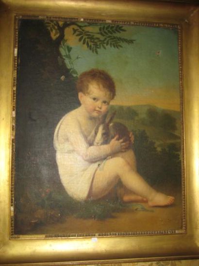 École romantique Le petit garçon assis avec le lapin Huile sur toile 89 x 70 cm (Trous...